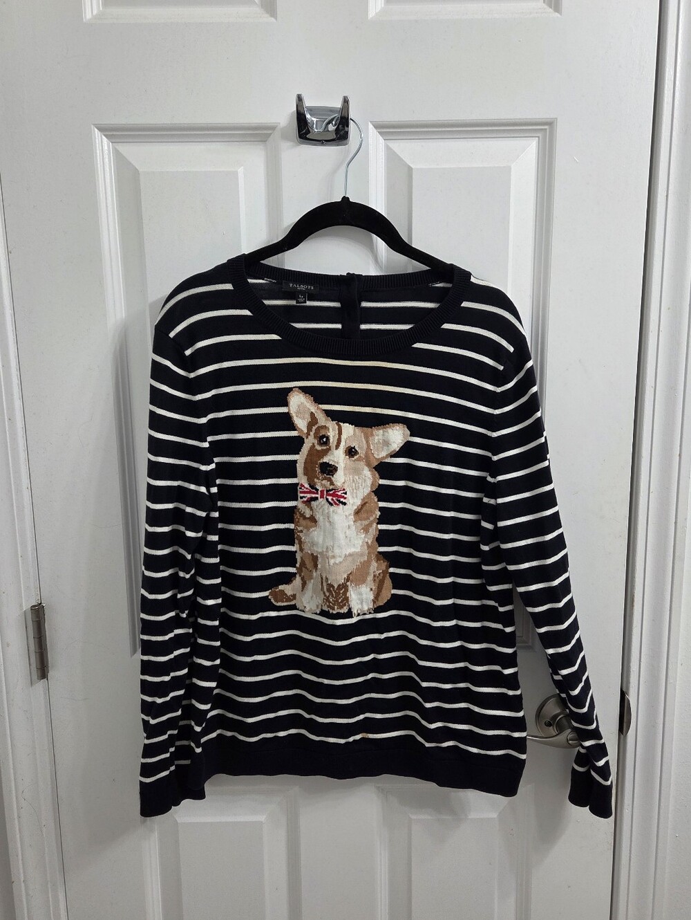 Talbots Navy and White Striped Sweater with Corgi Motif